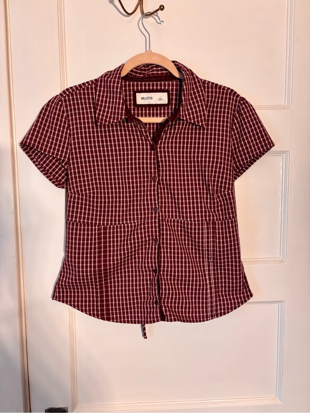 Hollister Burgundy and White Check Short-Sleeve Button-Down Shirt